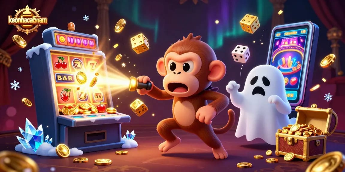 Experience the excitement of keonhacai5nam with a lively scene showcasing a mischievous monkey and puppy in a haunted casino.