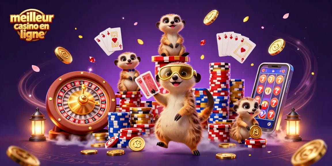 Jouez au meilleur casino en ligne avec des suricates animant des jeux de poker et une roue de la fortune scintillante.