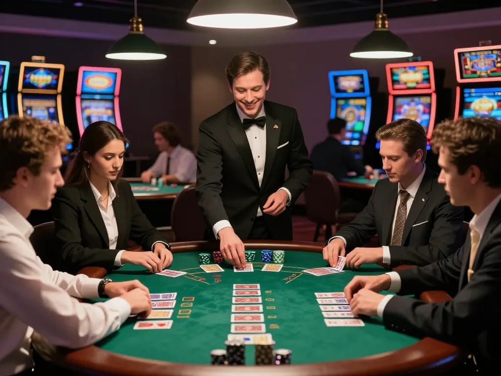 O8 players intensely strategizing at a blackjack table under elegant lighting.