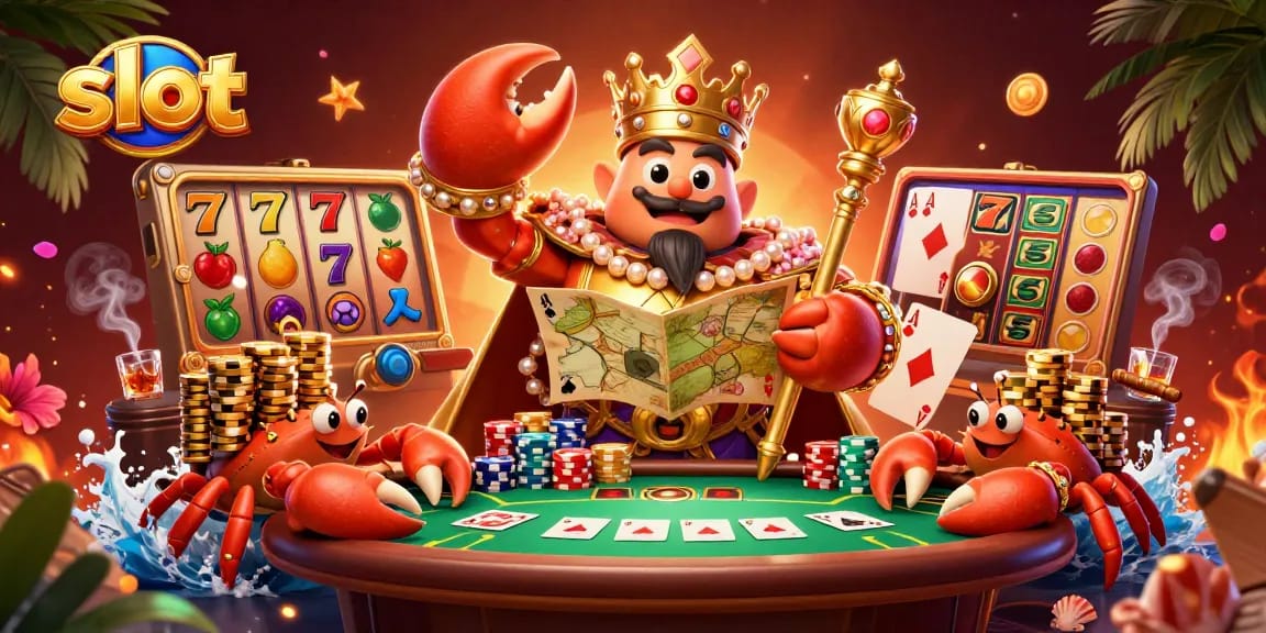 Spin the slot reels in this vibrant 3D casino scene featuring a golden crab emperor.