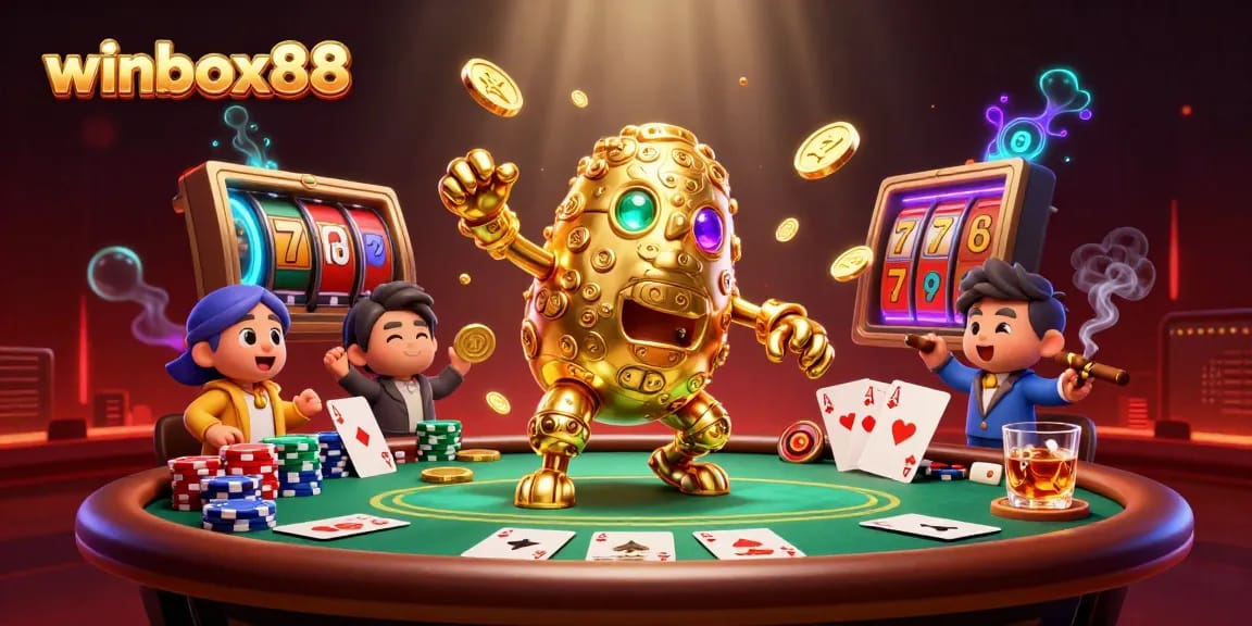 Experience the excitement of winbox88 with its vibrant 3D illustration of a golden golem surrounded by poker and slot elements.