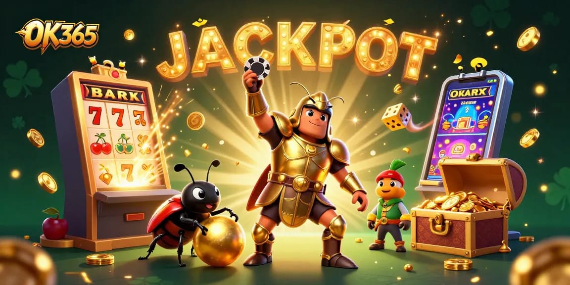 Engage with OK365's lively casino scene featuring a triumphing beetle and jackpot bonanza.