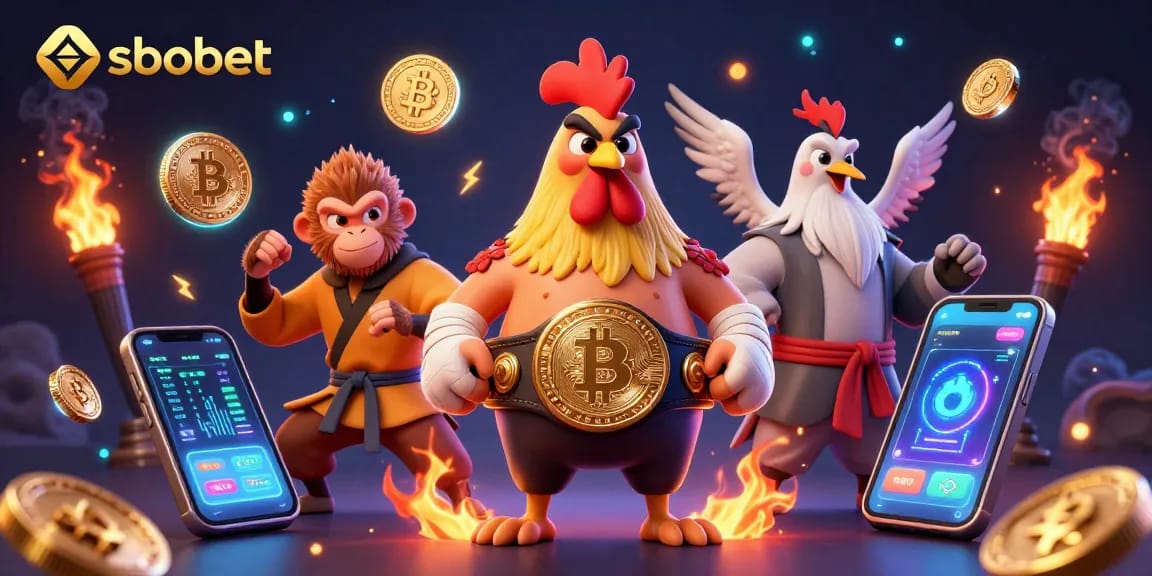 Engage with sbobet's thrilling sports betting scene featuring a Muay Thai rooster, Shaolin monkey, and wise crane.