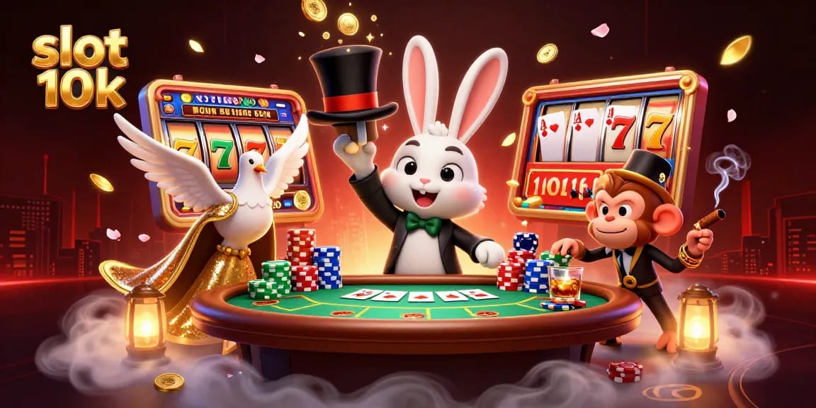 Experience thrilling wins at slot 10k with a magician pulling coins, vibrant slot elements, and casino excitement.
