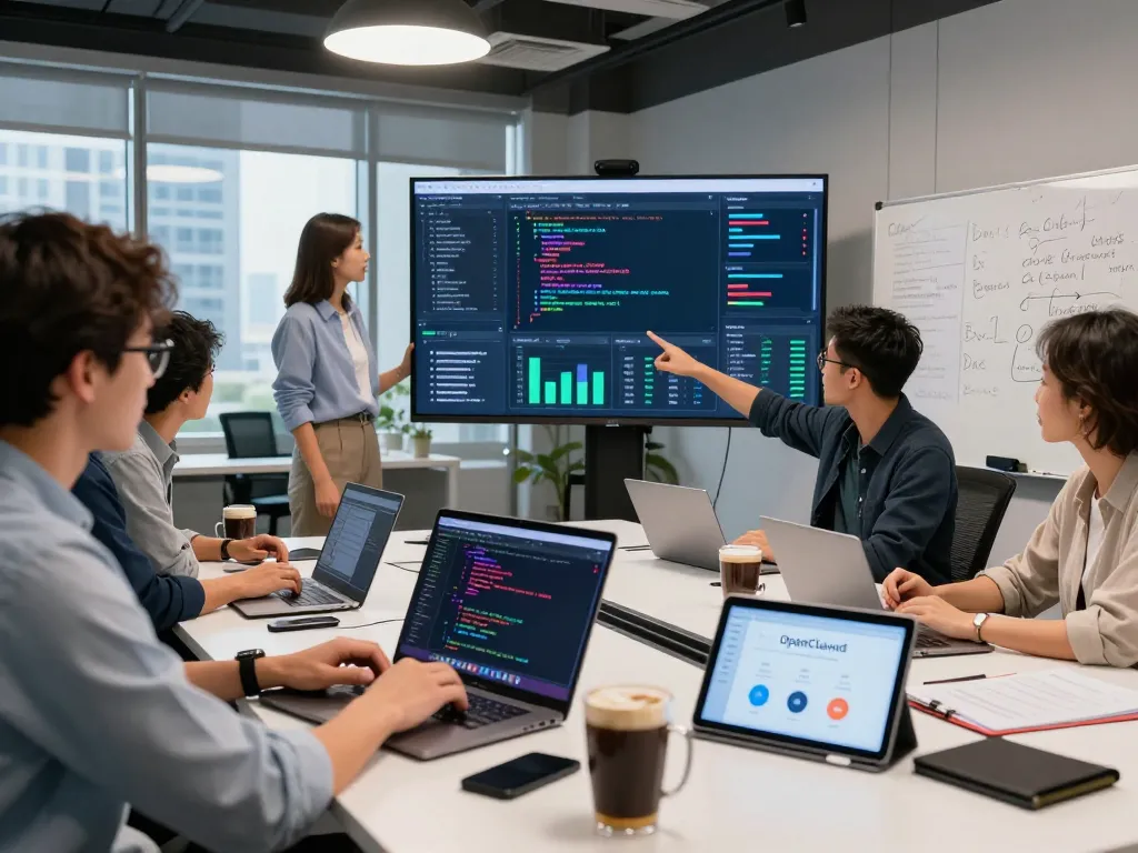 Dynamic tech workspace with developers collaborating on clawbot software solutions, showcasing laptops and analytics.