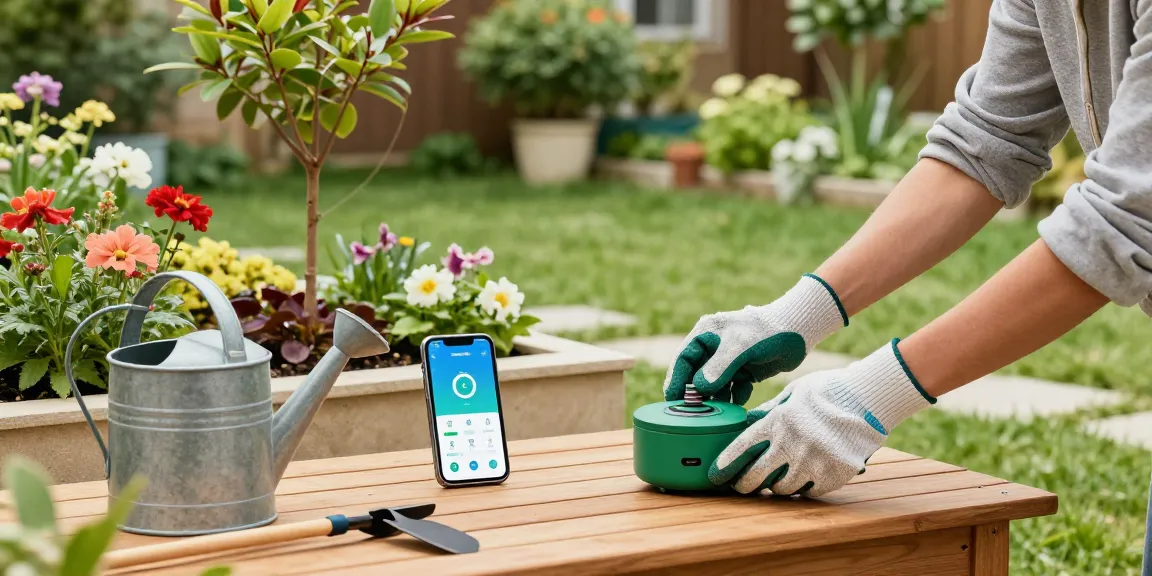 Homeowner using a rainpoint water timer in a vibrant garden setting, showcasing efficient watering.