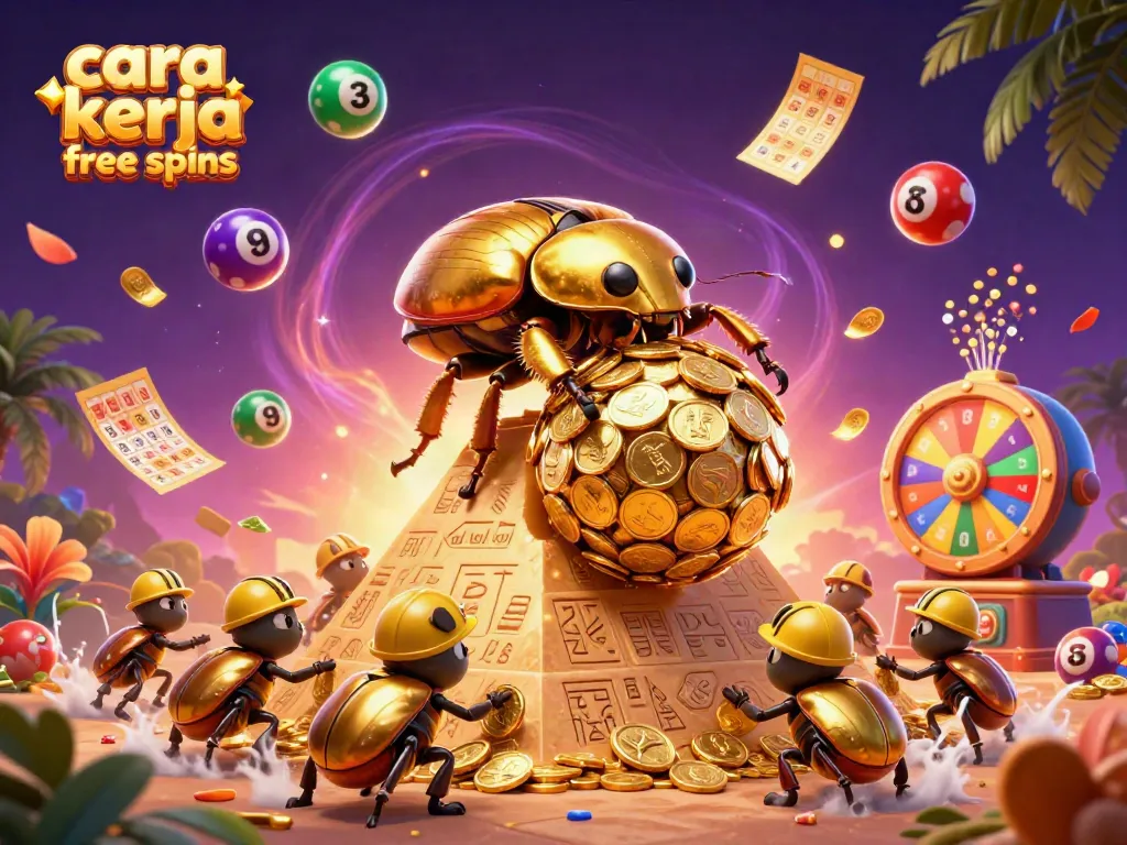 Ilustrasi cara kerja free spins dengan berbagai simbol kasino yang menarik dan penuh energi.