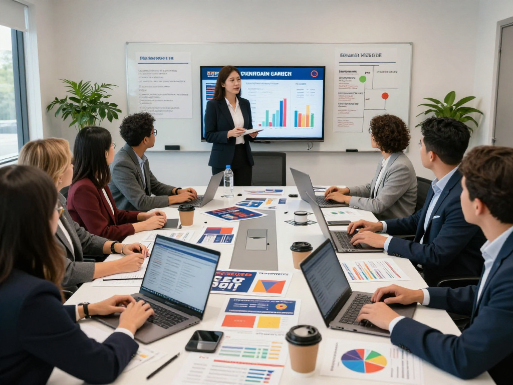 Learn how to run google ads for a campaign in a strategic political marketing meeting with diverse team members analyzing voter data.