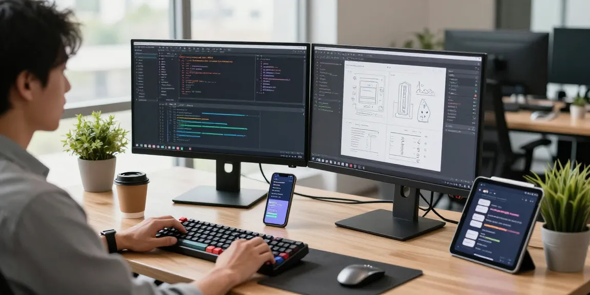 Developer coding at a dual-monitor setup illustrating productivity for 纸飞机中文版官网.