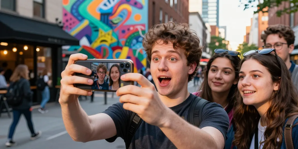 Individual excitedly discovering celebrities that look alike while taking a selfie in an urban setting.