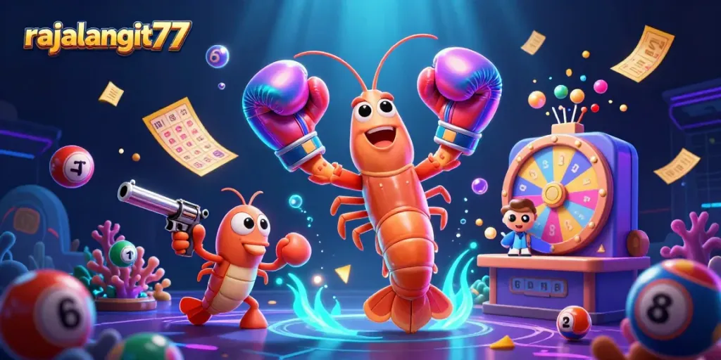 Permainan lotere dinamis dengan rajalangit77 dan karakter laut berwarna cerah.