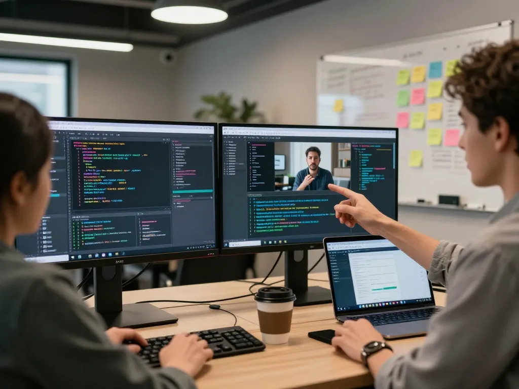 Video to promptgenerator in action during video analysis at a tech workspace with monitors displaying AI prompts.
