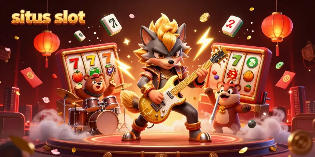 Ilustrasi 3D situs slot dengan wolfs rock star dan beruang, simbol keberuntungan menyebar di sekitarnya.