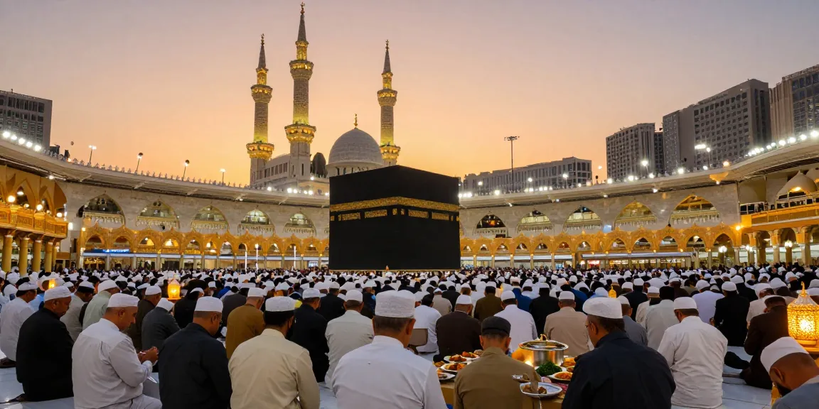 Umroh Full Ramadhan pilgrims gathering at the Grand Mosque, vibrant travel experience and cultural immersion.