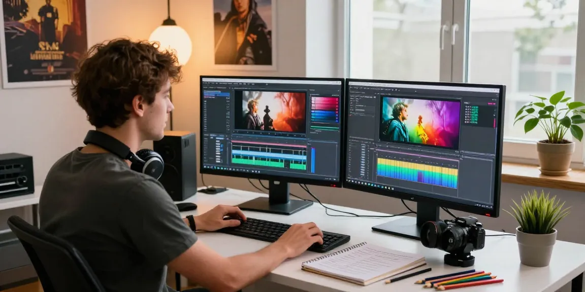 Learn color correction and cinematic grading with a video editor engaged in creative workspace.