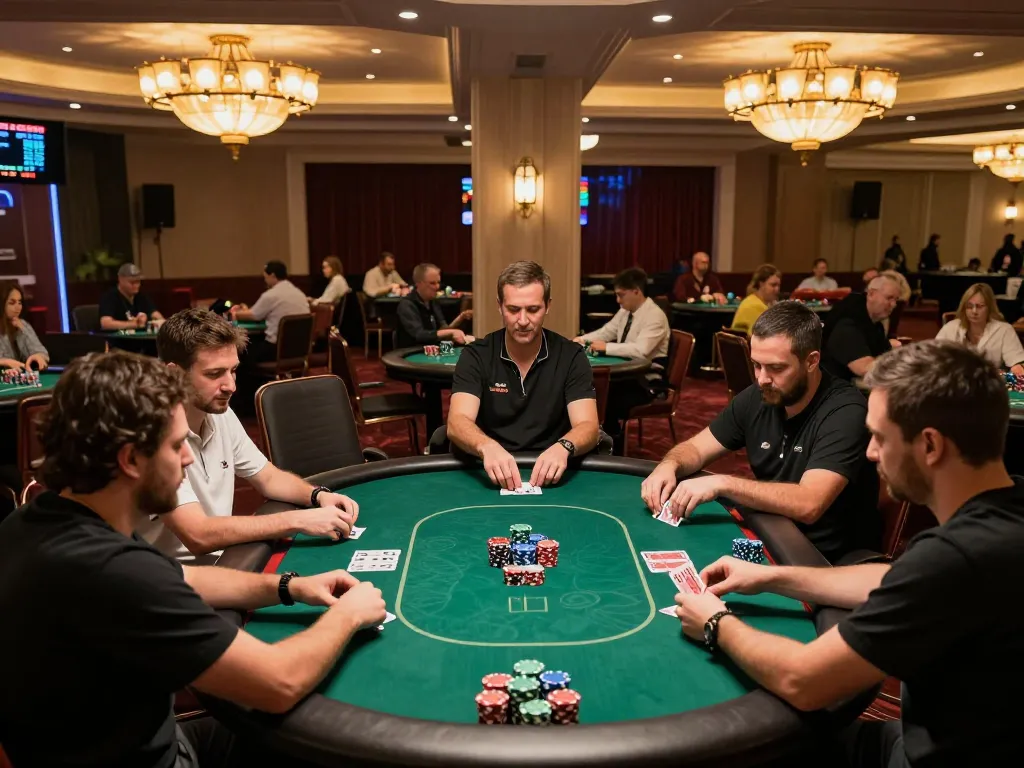 Players intensely competing in poker at 888top com casino, showcasing vibrant atmosphere and excitement.