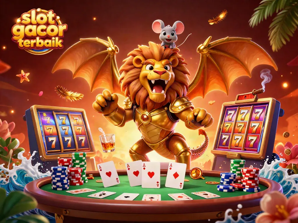 Gambarlah slot gacor terbaik dengan chimera bercahaya, meja poker dan elemen mesin slot berwarna-warni.