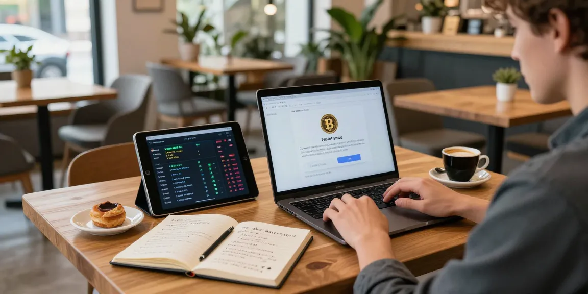 Bitcoin mining service showcased on laptop in a cozy coffee shop with DeFi notes and blockchain visuals.