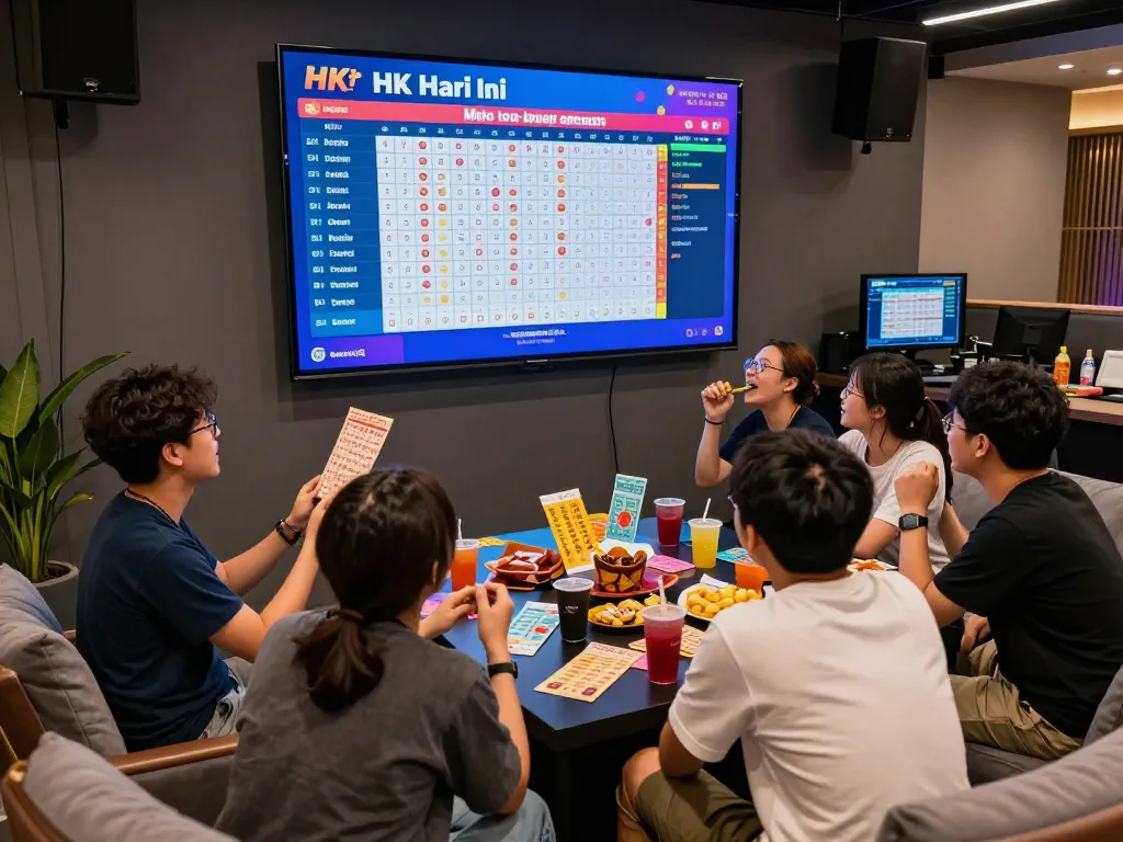 Exciting gaming lounge scene with players engaging in HK Hari Ini lottery results.
