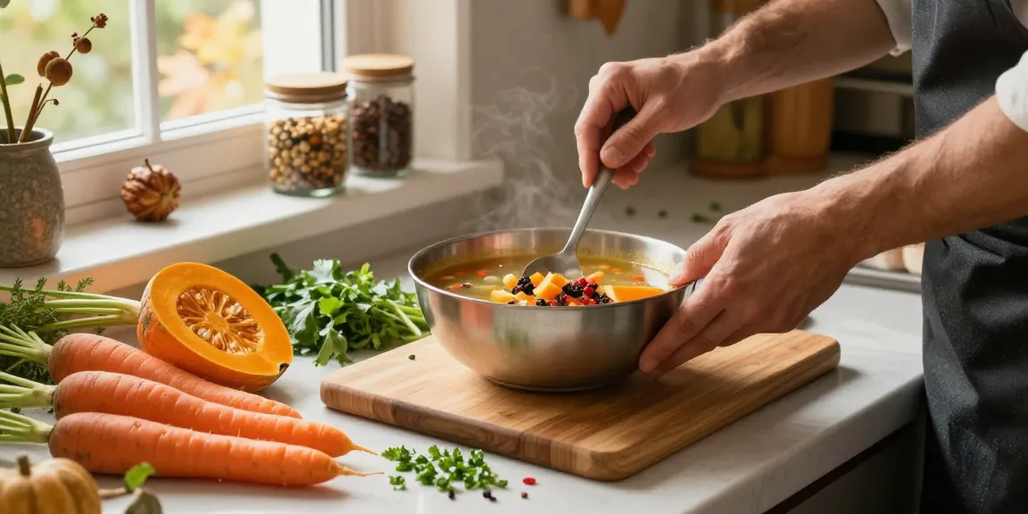 Heimkoch, der Gewürze verwendet, um eine herzhafte Herbstsuppe in einer gemütlichen Küche zuzubereiten.