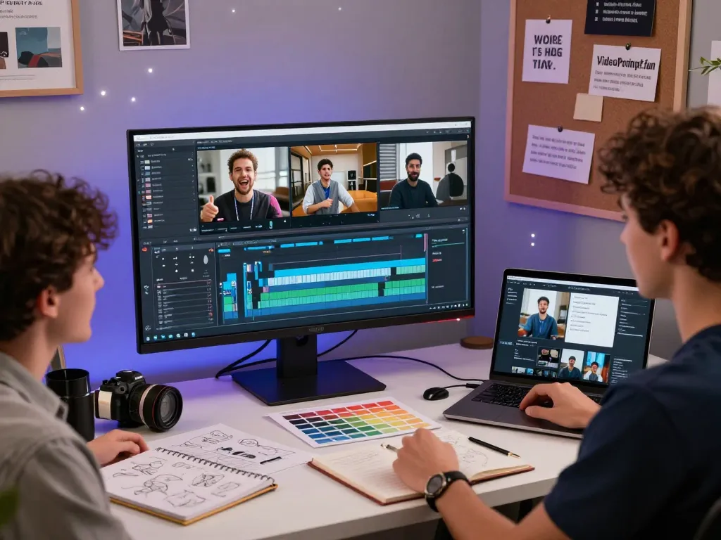 Content creator utilizing the video to prompt tool in a modern editing workspace filled with creative materials.