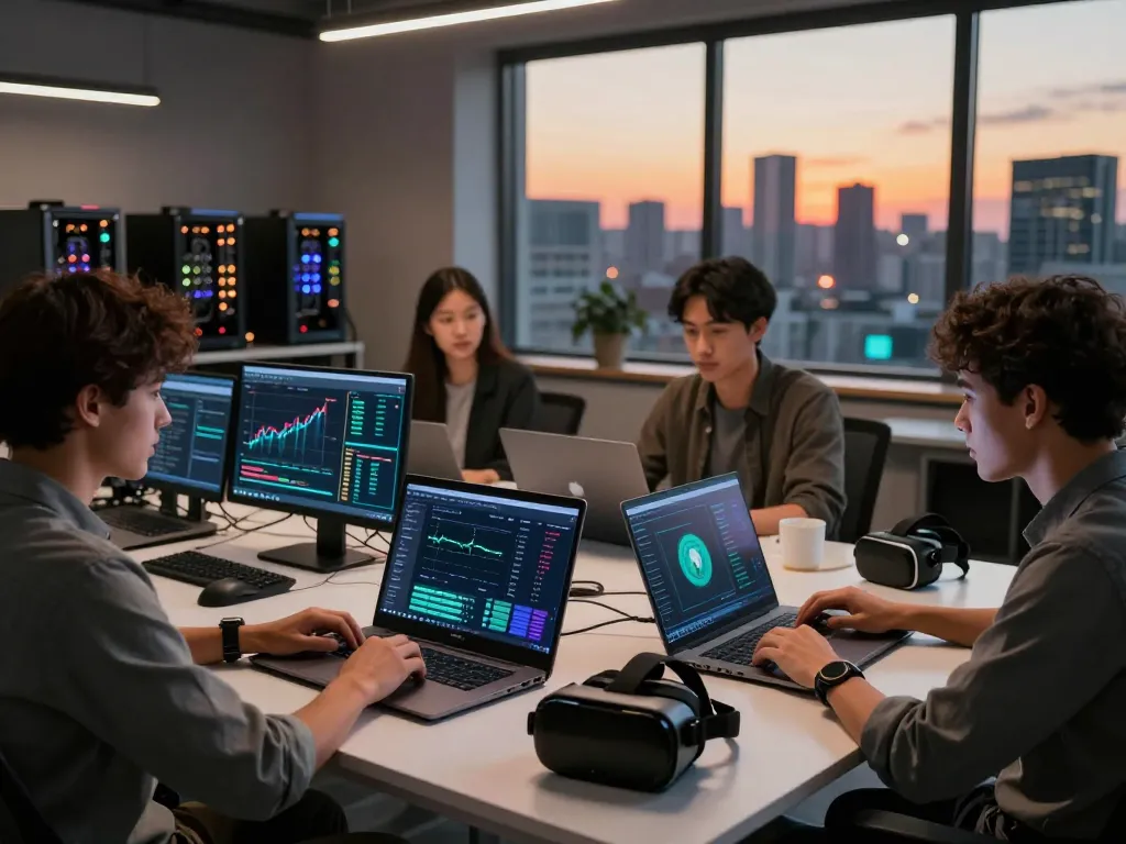 Professionals collaborating on a crypto cloud mining platform in a modern workspace.
