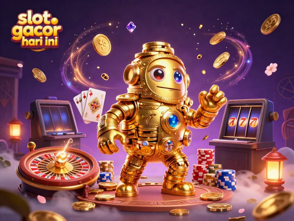 Visualisasi slot gacor hari ini dengan karakter golem emas dan elemen permainan kasino