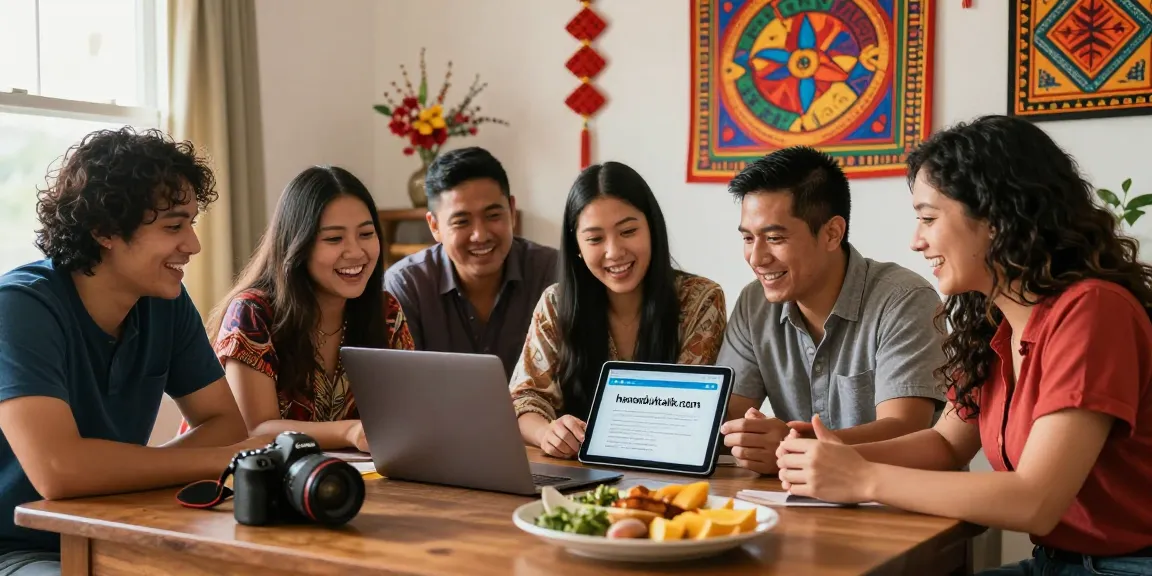 Hispanic individuals enjoying Asian culture discussions on https://hanadultalk.com in a vibrant, warm home setting.