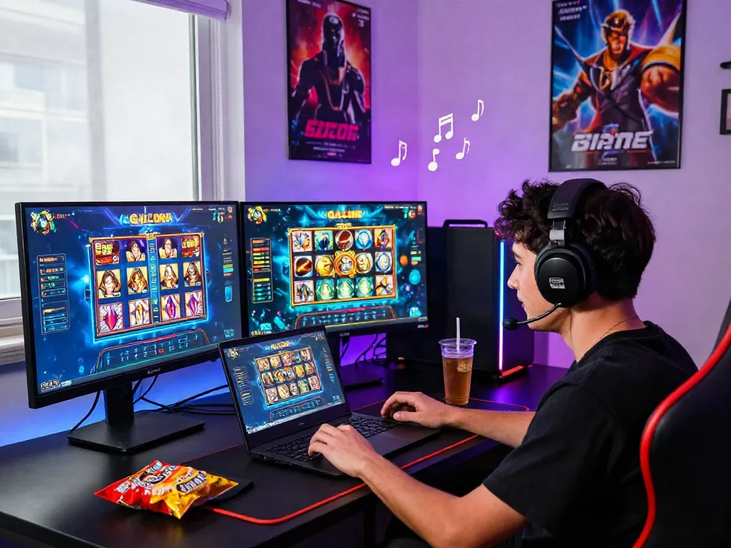 Excited gamer playing slot online gacor on dual monitors in a vibrant gaming setup