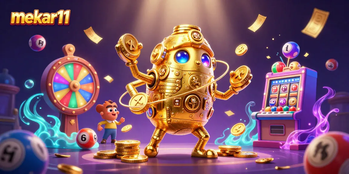 Spin and win at mekar11 with an ultra-detailed 3D scene of an ancient golden golem and vibrant game elements.