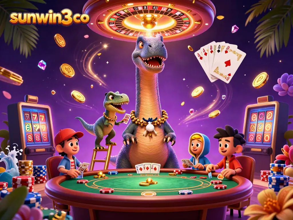 Experience the vibrant excitement of sunwin3 co with a playful 3D casino scene featuring a brontosaurus and raptor.