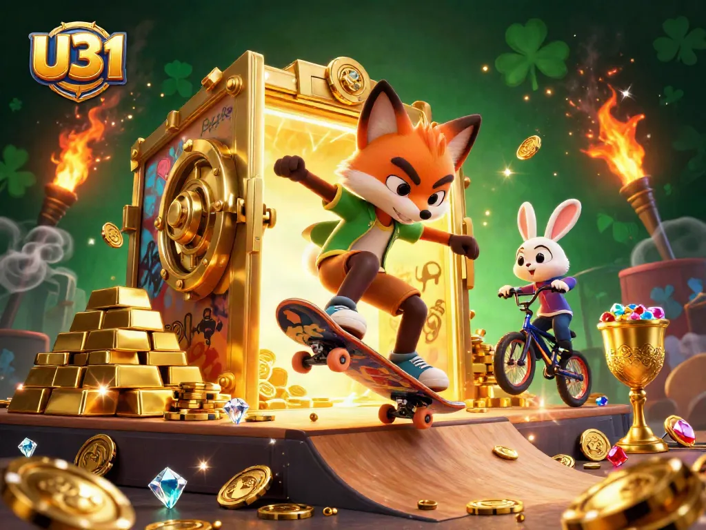 Experience the thrill with U31's vibrant casino illustration featuring a skateboarder fox and BMX rabbit.