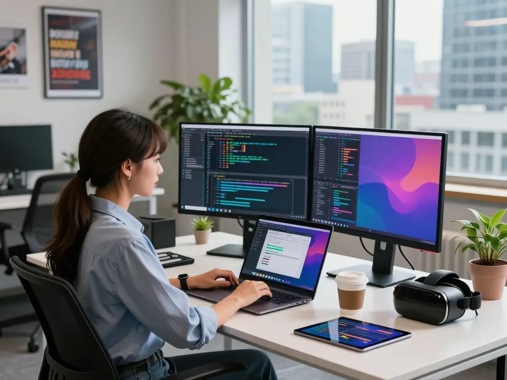 Young developer using an image to prompt generator in a modern tech workspace with vibrant coding on screens.