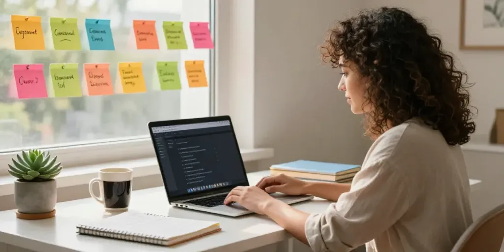 Woman brainstorming AI generated blog post titles in a creative workspace.