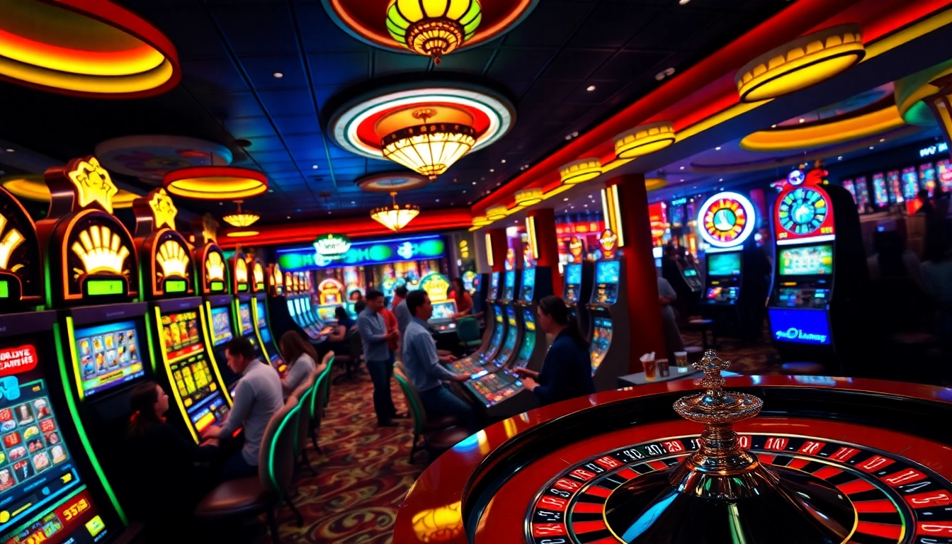 Engaged players enjoying a Non gamstop casino experience amidst vibrant slot machines and roulette tables.