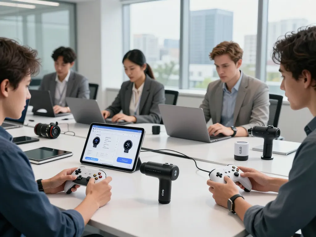Showcase of trending tech gadgets including the 8BitDo Ultimate 2 controller and Fitbit Charge 6 in a modern office setting, highlighting innovation and Bluetooth technology.