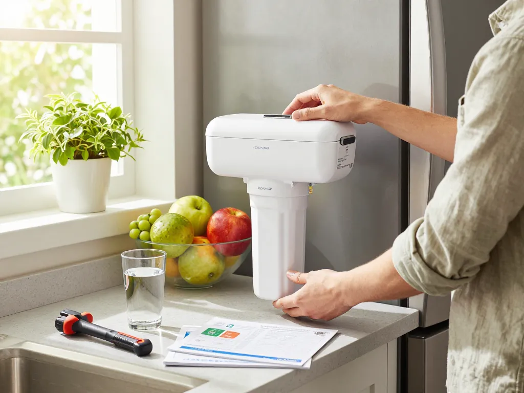 A homeowner replacing the AQUA CREST WF1CB Replacement for Frigidaire® PureSource WFCB® water filter in a bright kitchen, showcasing a clean, inviting atmosphere.