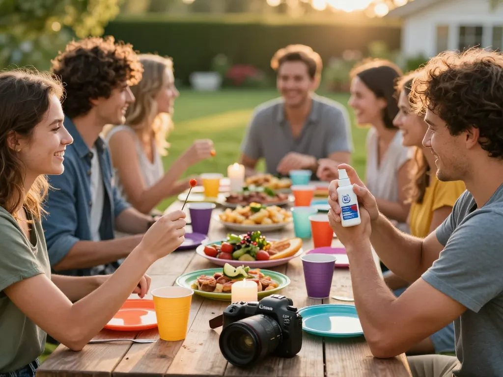 People applying Best Mosquito Repellent at a lively summer barbecue gathering.