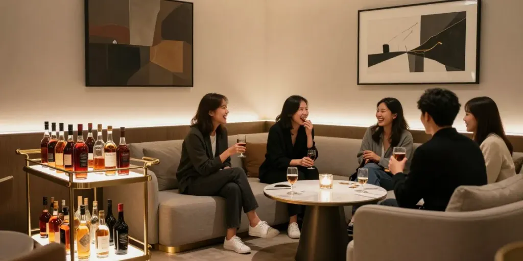 강남 구구단의 고급스러운 프라이빗 룸에서 즐거운 시간 보내는 친구들