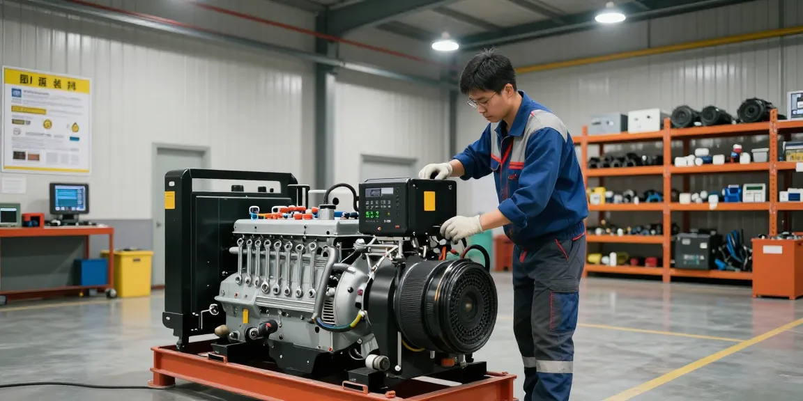 Technician performing maintenance on a diesel genset in an industrial workspace