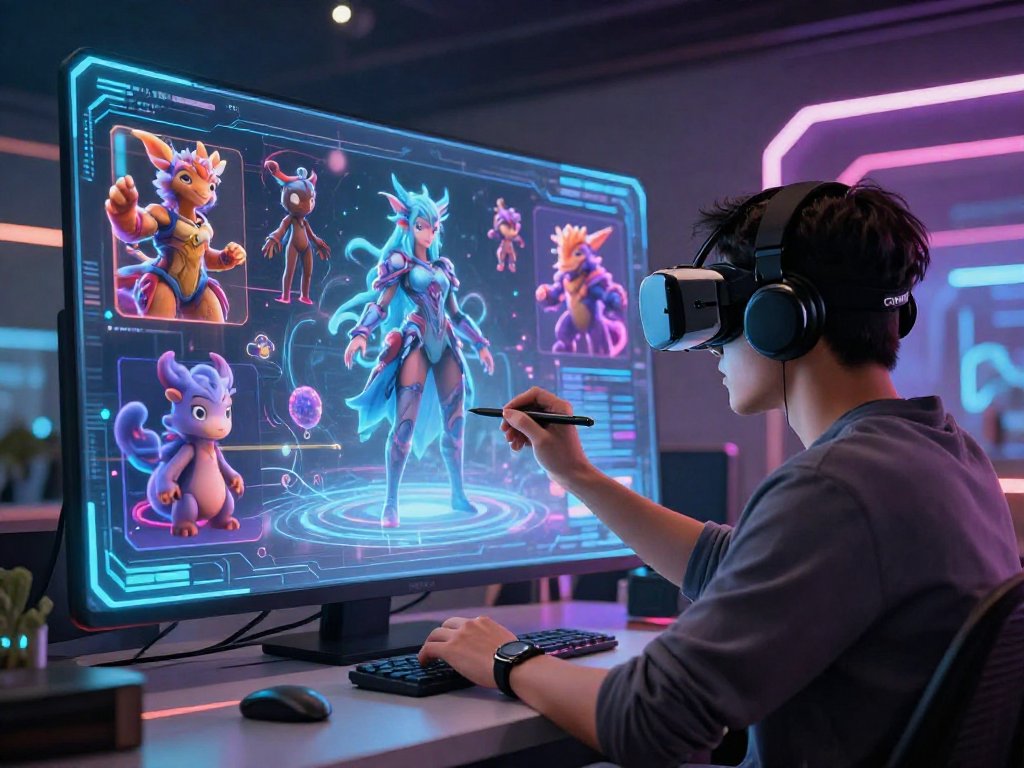 Creating character ai nsfw in a vibrant virtual workspace, user customizing AI-generated designs.