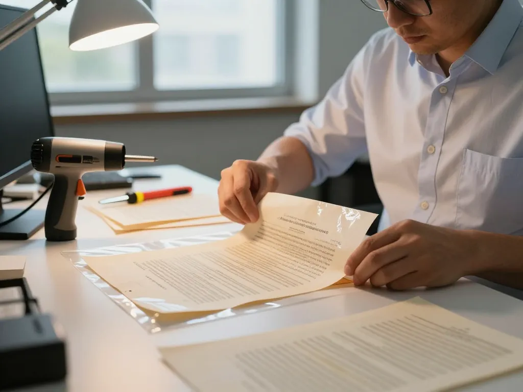 Bóc sổ đỏ ép plastic restoration process in a bright office for safe document handling.