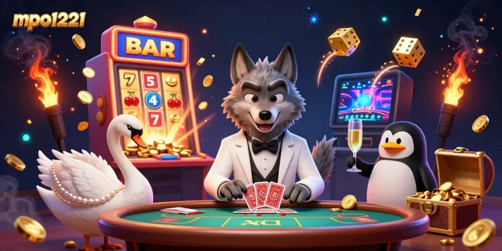 Engage with mpo1221's vibrant casino scene featuring a wolf, swan, and penguin amidst thrilling game elements.