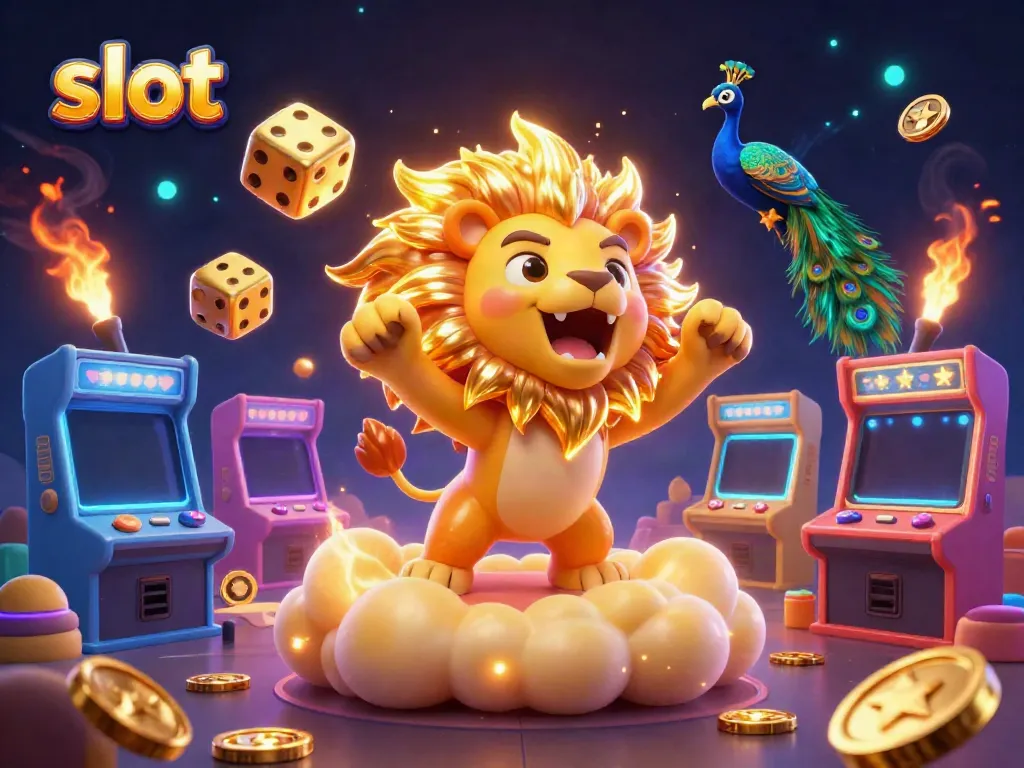 Slot menghadirkan kegembiraan dengan simbol cerah dan karakter kartun di sekitar mesin permainan.