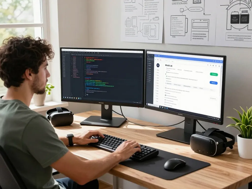 Moltbot AI in a tech workspace, showcasing code management and task execution in a modern home office.