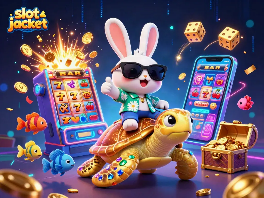 Experience the thrill of a slot jackpot explosion with a lucky rabbit and golden turtle.
