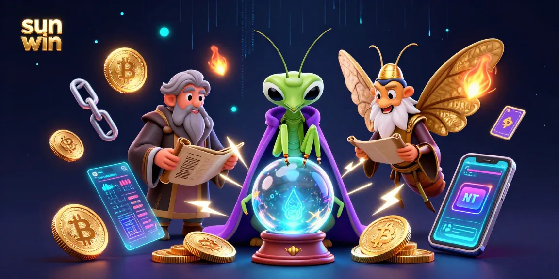 Engage with sun win through a mystical scene showcasing a fortune teller and elements of crypto gambling.