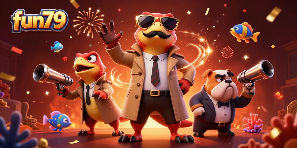 Experience thrilling fish shooting with fun79, featuring raptors and vibrant casino elements in a dynamic illustration.