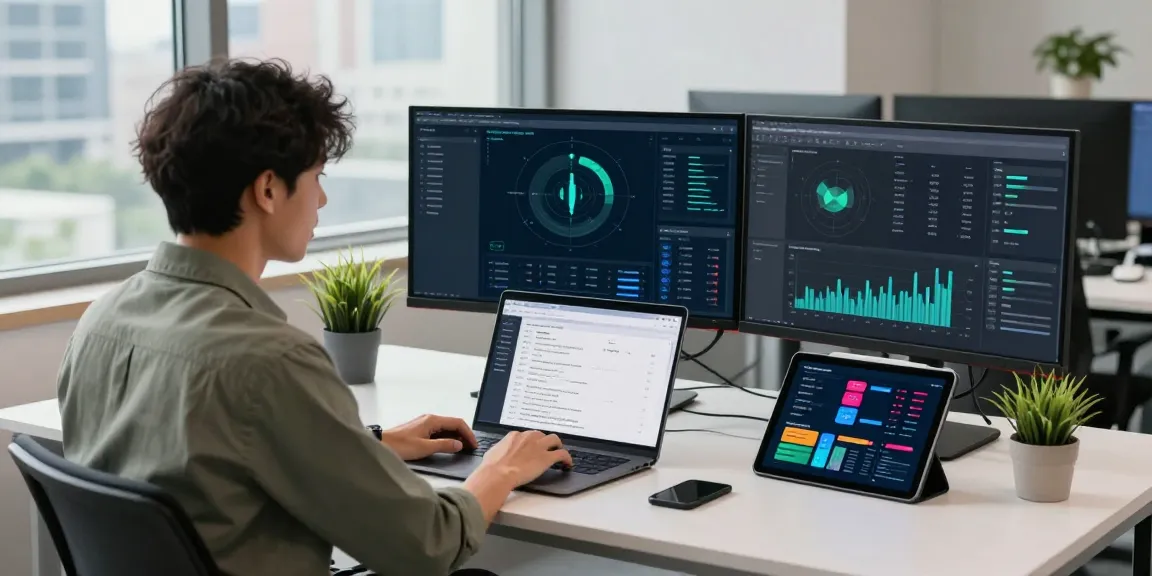 AI detector analysis in a modern tech workspace with multiple screens and dynamic graphs.