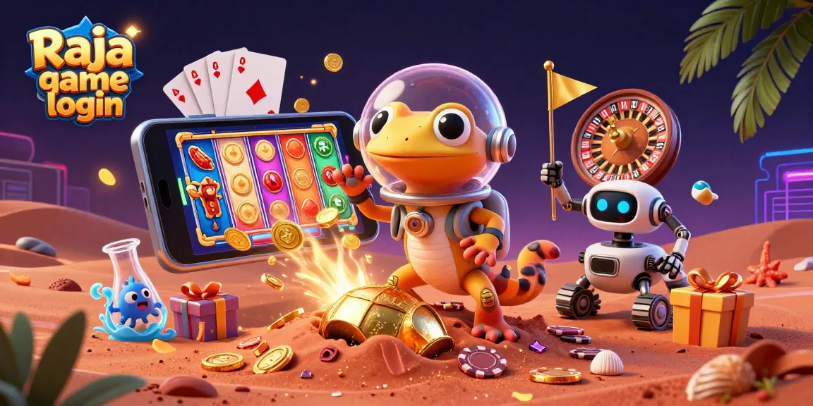 Engage in Raja game login with a playful Martian gecko and robot amidst vibrant casino elements.